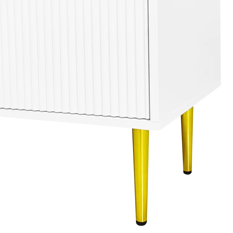 Meuble TV élégant blanc verre courbé avec pieds et poignées dorés 2 portes 170*35*50cm KACCIEN