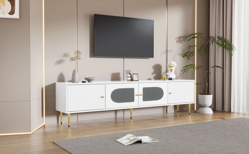 Meuble TV élégant blanc verre courbé avec pieds et poignées dorés 2 portes 170*35*50cm KACCIEN