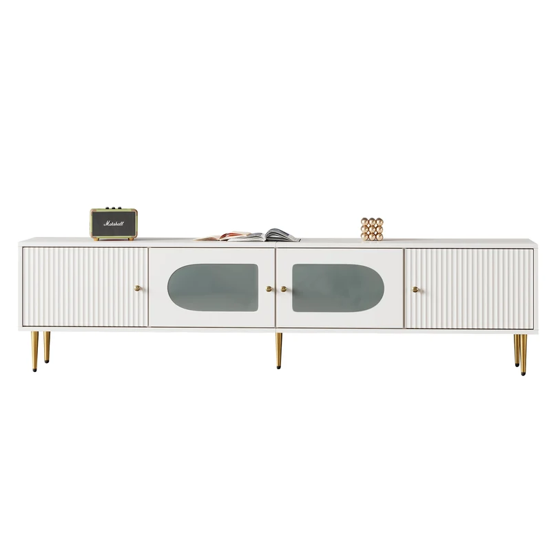 Meuble TV élégant blanc verre courbé avec pieds et poignées dorés 2 portes 170*35*50cm KACCIEN