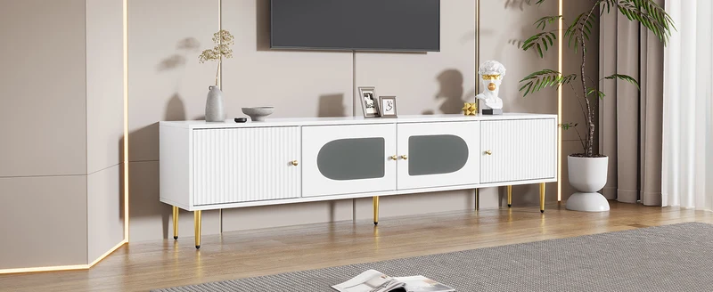 Meuble TV élégant blanc verre courbé avec pieds et poignées dorés 2 portes 170*35*50cm KACCIEN