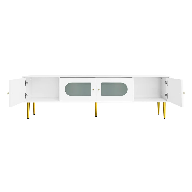 Meuble TV élégant blanc verre courbé avec pieds et poignées dorés 2 portes 170*35*50cm KACCIEN