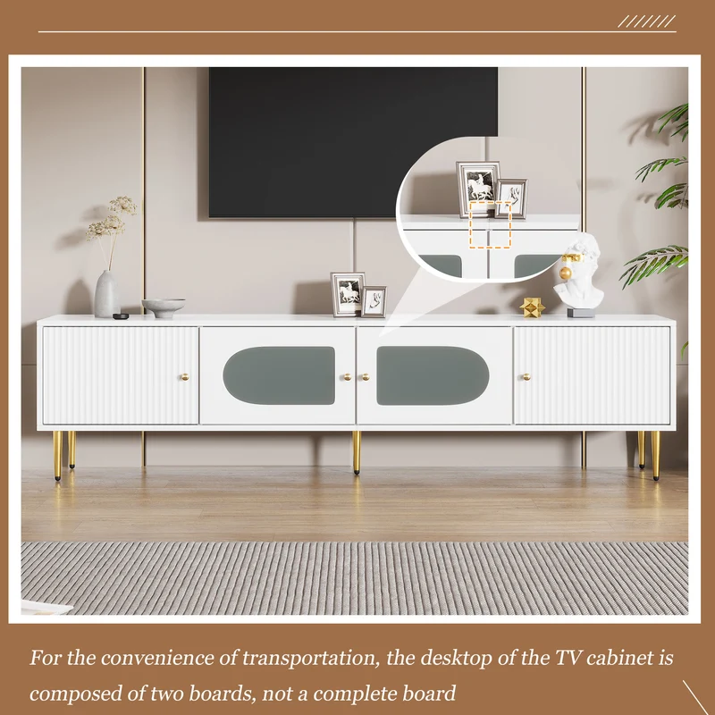 Meuble TV élégant blanc verre courbé avec pieds et poignées dorés 2 portes 170*35*50cm KACCIEN
