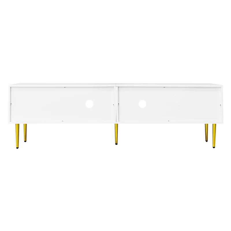 Meuble TV élégant blanc verre courbé avec pieds et poignées dorés 2 portes 170*35*50cm KACCIEN