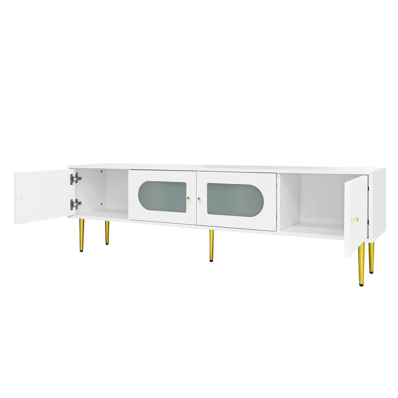 Meuble TV élégant blanc verre courbé avec pieds et poignées dorés 2 portes 170*35*50cm KACCIEN