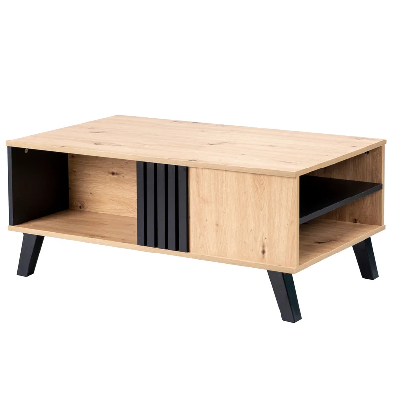 Table basse rectangulaire industriel effet bois et noir rangement 3 cotés 100x60x43cm TRONNEALL