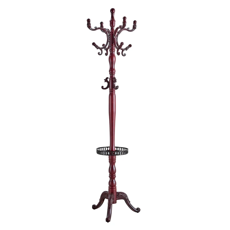 Portemanteau sur pied baroque en bois acajou avec panier vide-poche et crochets sculptés 195cm TRAVERSELS