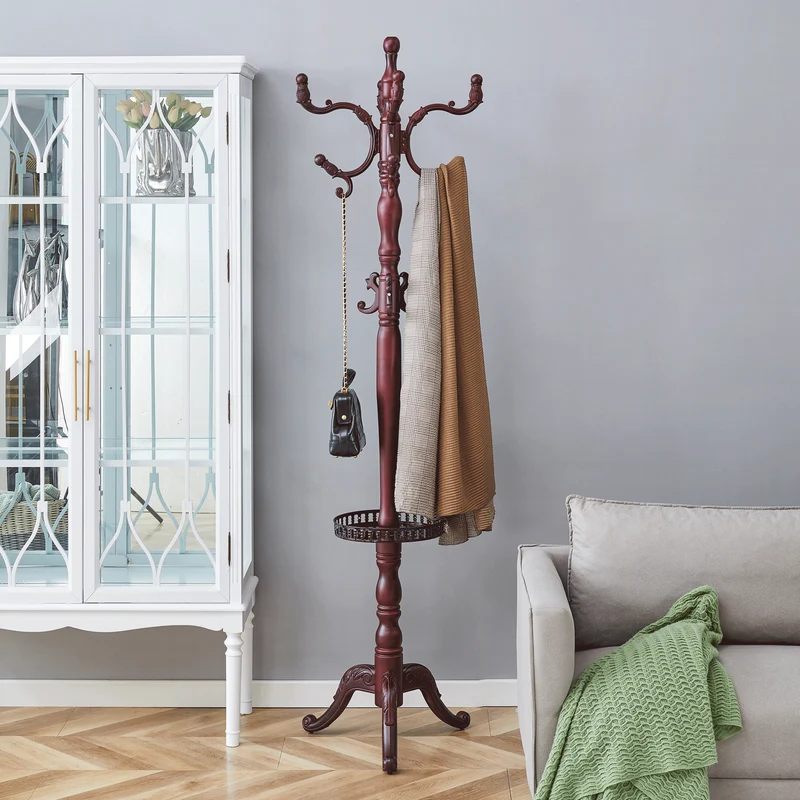Portemanteau sur pied baroque en bois acajou avec panier vide-poche et crochets sculptés 195cm TRAVERSELS