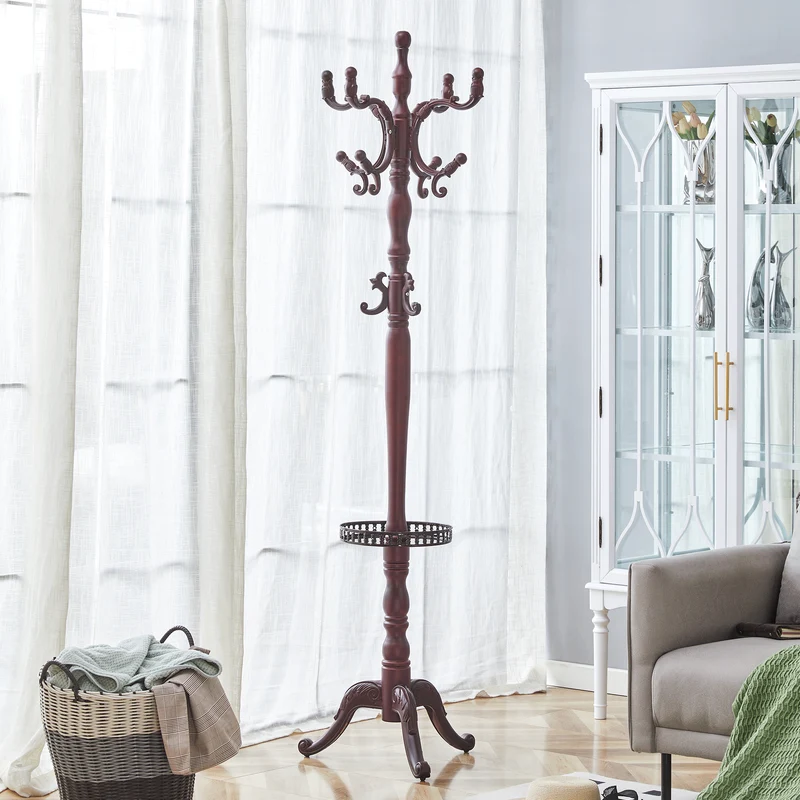 Portemanteau sur pied baroque en bois acajou avec panier vide-poche et crochets sculptés 195cm TRAVERSELS