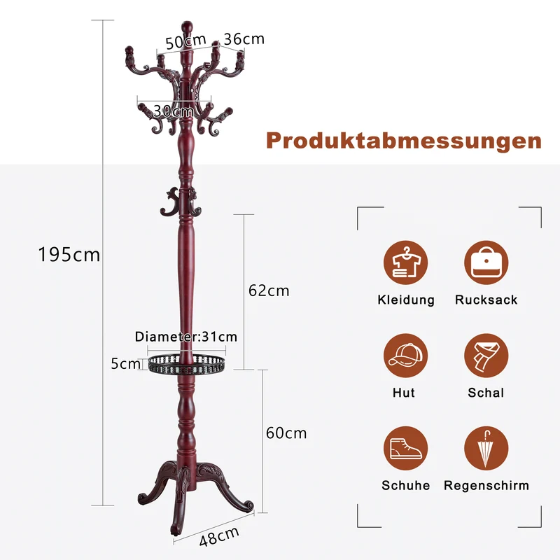 Portemanteau sur pied baroque en bois acajou avec panier vide-poche et crochets sculptés 195cm TRAVERSELS