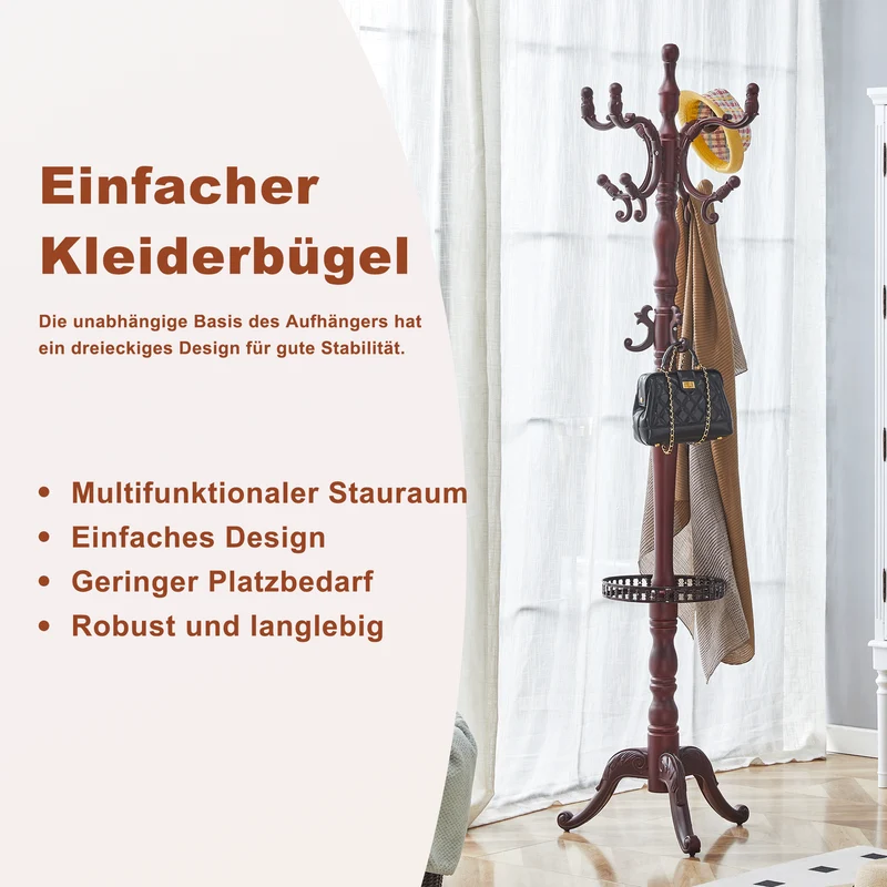 Portemanteau sur pied baroque en bois acajou avec panier vide-poche et crochets sculptés 195cm TRAVERSELS