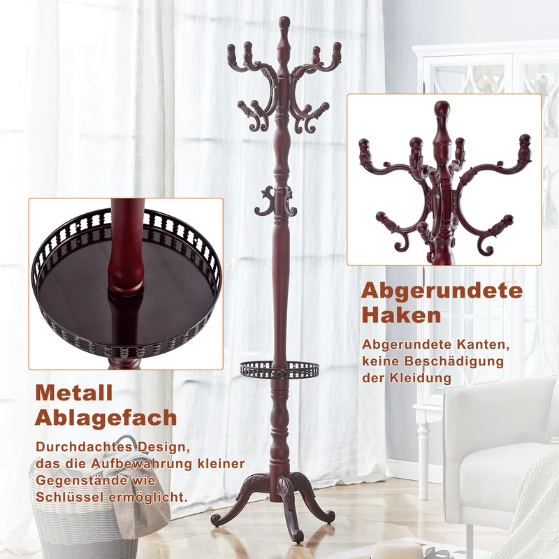 Portemanteau sur pied baroque en bois acajou avec panier vide-poche et crochets sculptés 195cm TRAVERSELS