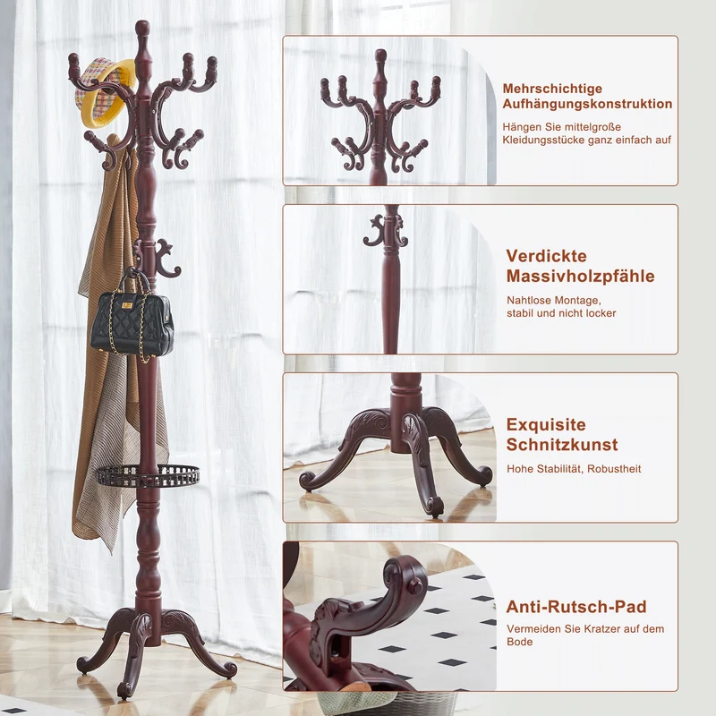Portemanteau sur pied baroque en bois acajou avec panier vide-poche et crochets sculptés 195cm TRAVERSELS