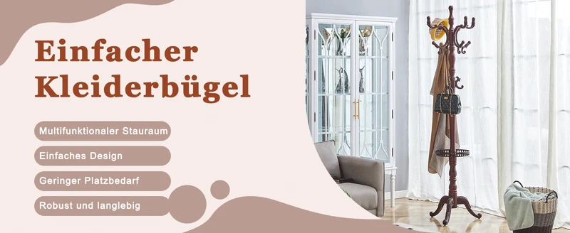 Portemanteau sur pied baroque en bois acajou avec panier vide-poche et crochets sculptés 195cm TRAVERSELS