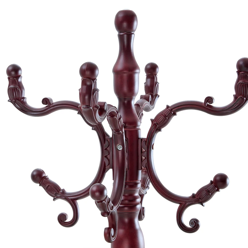 Portemanteau sur pied baroque en bois acajou avec panier vide-poche et crochets sculptés 195cm TRAVERSELS