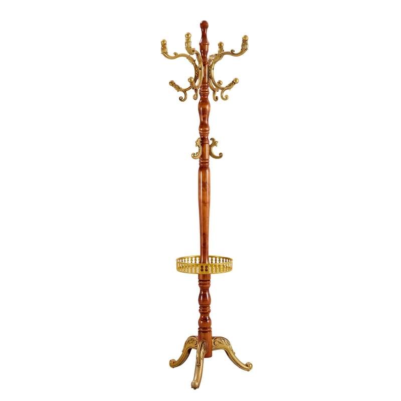 Portemanteau sur pied baroque en bois verni et détails dorés avec panier vide-poche et crochets sculptés MYSTICORA
