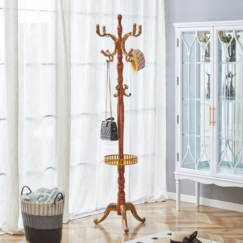 Portemanteau sur pied baroque en bois verni et détails dorés avec panier vide-poche et crochets sculptés MYSTICORA