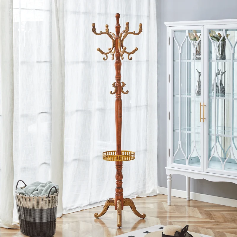 Portemanteau sur pied baroque en bois verni et détails dorés avec panier vide-poche et crochets sculptés MYSTICORA