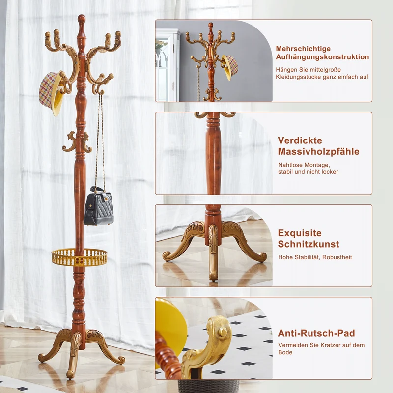Portemanteau sur pied baroque en bois verni et détails dorés avec panier vide-poche et crochets sculptés MYSTICORA