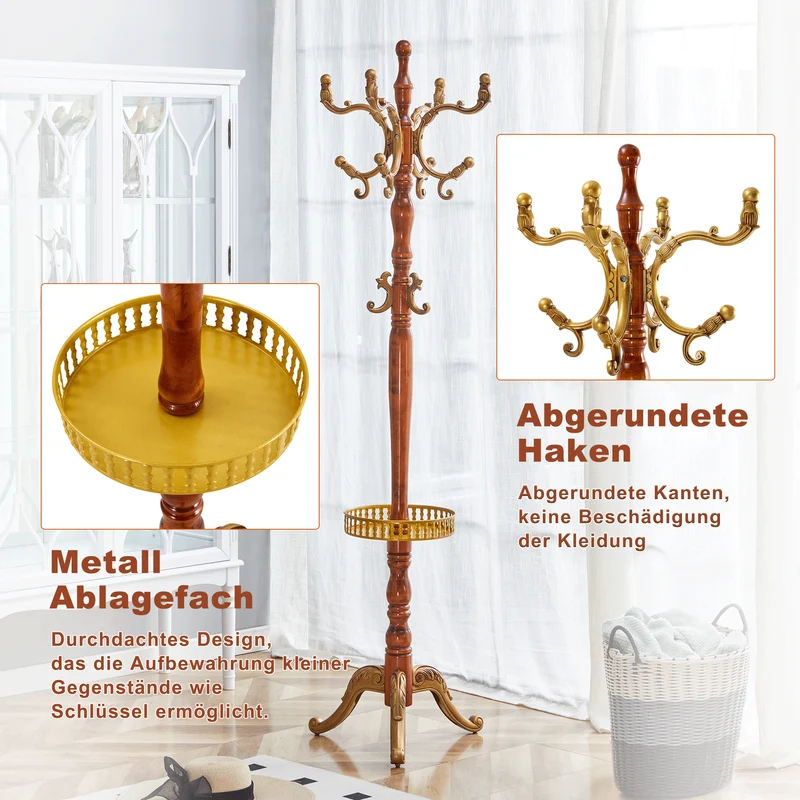 Portemanteau sur pied baroque en bois verni et détails dorés avec panier vide-poche et crochets sculptés MYSTICORA