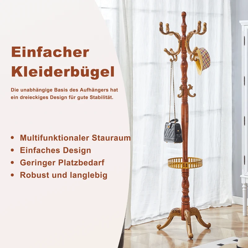 Portemanteau sur pied baroque en bois verni et détails dorés avec panier vide-poche et crochets sculptés MYSTICORA