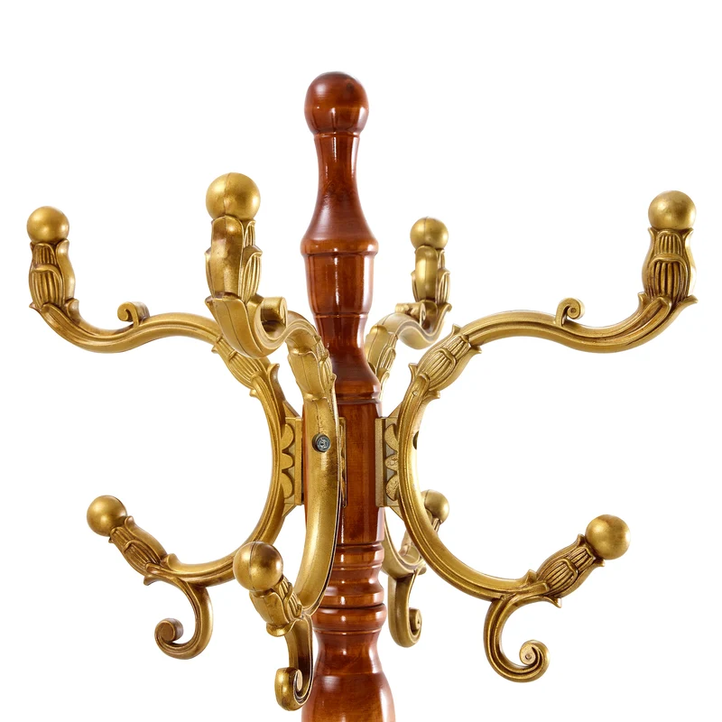 Portemanteau sur pied baroque en bois verni et détails dorés avec panier vide-poche et crochets sculptés MYSTICORA
