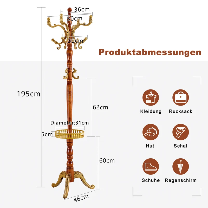 Portemanteau sur pied baroque en bois verni et détails dorés avec panier vide-poche et crochets sculptés MYSTICORA