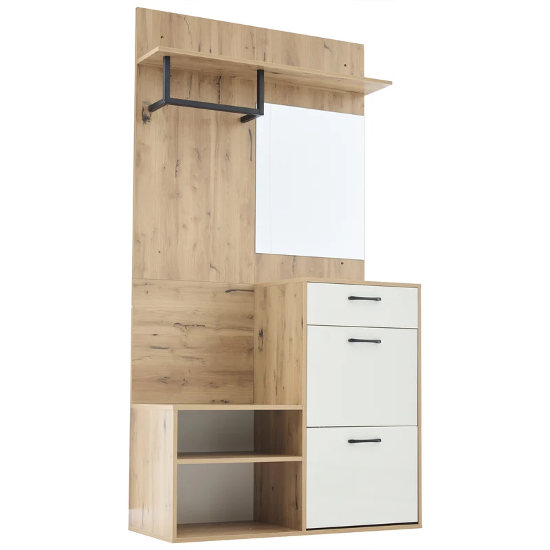 Vestiaire à l'entrée effet bois et blanc avec miroir, banc à chaussures 100x38,5x190cm AURORAESS