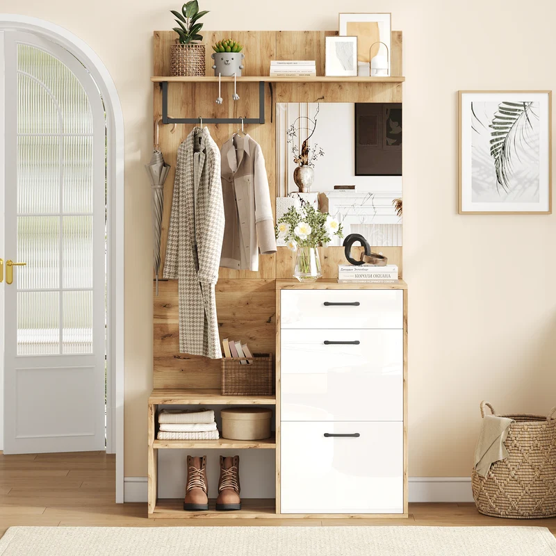 Vestiaire à l'entrée effet bois et blanc avec miroir, banc à chaussures 100x38,5x190cm AURORAESS