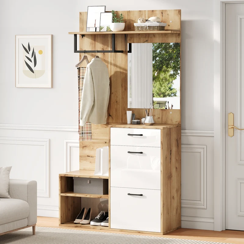 Vestiaire à l'entrée effet bois et blanc avec miroir, banc à chaussures 100x38,5x190cm AURORAESS