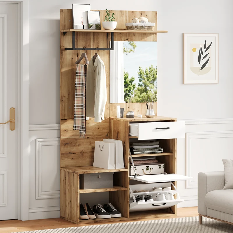 Vestiaire à l'entrée effet bois et blanc avec miroir, banc à chaussures 100x38,5x190cm AURORAESS
