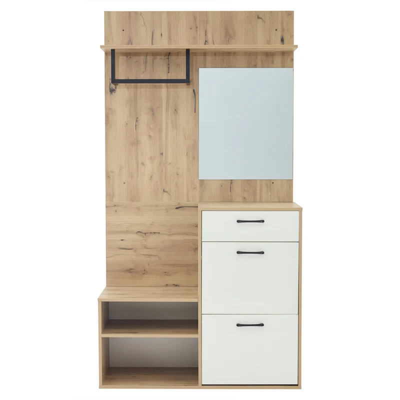 Vestiaire à l'entrée effet bois et blanc avec miroir, banc à chaussures 100x38,5x190cm AURORAESS