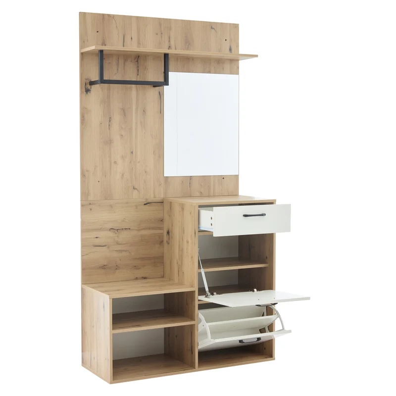 Vestiaire à l'entrée effet bois et blanc avec miroir, banc à chaussures 100x38,5x190cm AURORAESS