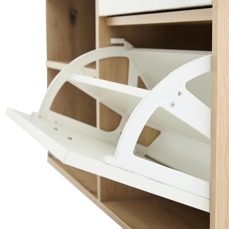 Vestiaire à l'entrée effet bois et blanc avec miroir, banc à chaussures 100x38,5x190cm AURORAESS