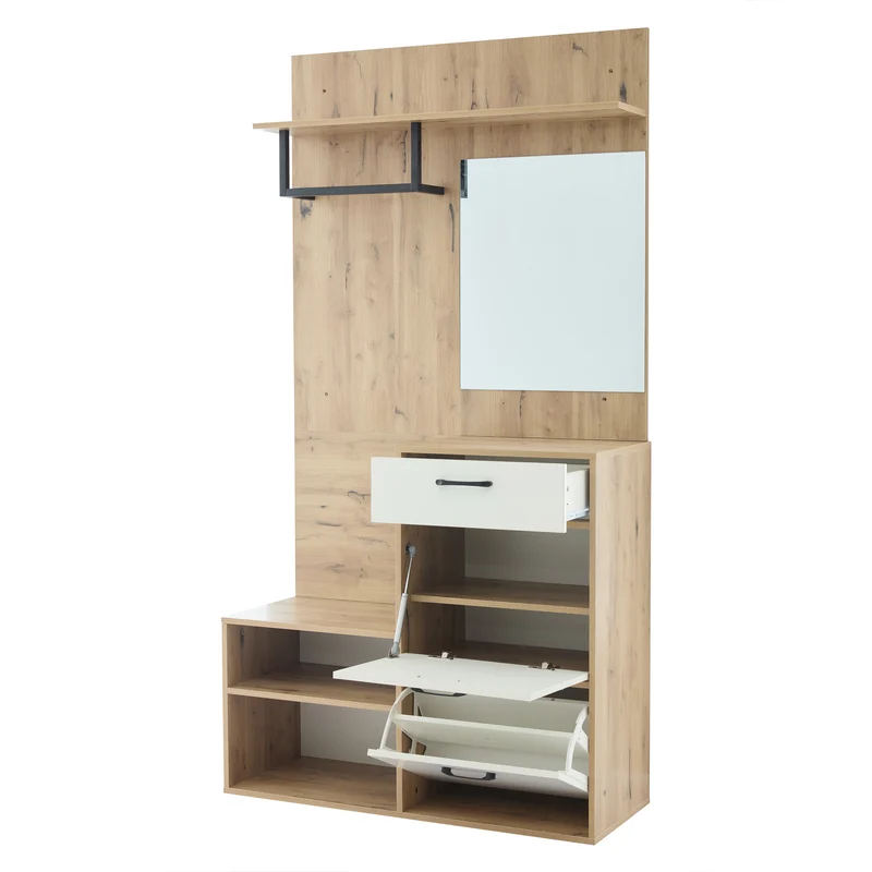 Vestiaire à l'entrée effet bois et blanc avec miroir, banc à chaussures 100x38,5x190cm AURORAESS