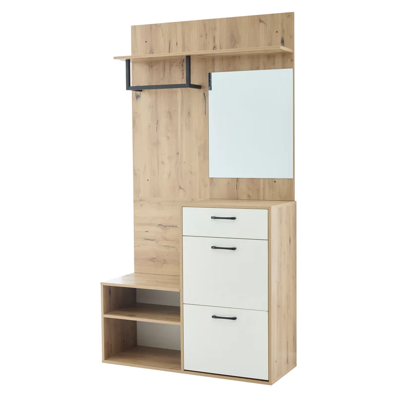 Vestiaire à l'entrée effet bois et blanc avec miroir, banc à chaussures 100x38,5x190cm AURORAESS