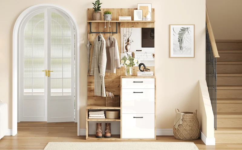 Vestiaire à l'entrée effet bois et blanc avec miroir, banc à chaussures 100x38,5x190cm AURORAESS