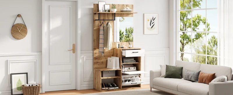 Vestiaire à l'entrée effet bois et blanc avec miroir, banc à chaussures 100x38,5x190cm AURORAESS