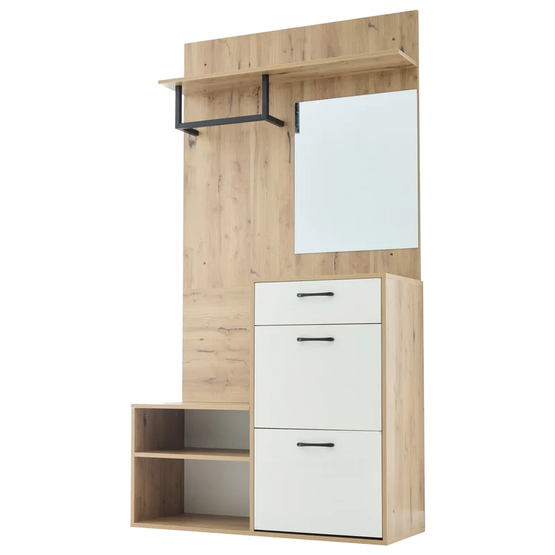 Vestiaire à l'entrée effet bois et blanc avec miroir, banc à chaussures 100x38,5x190cm AURORAESS