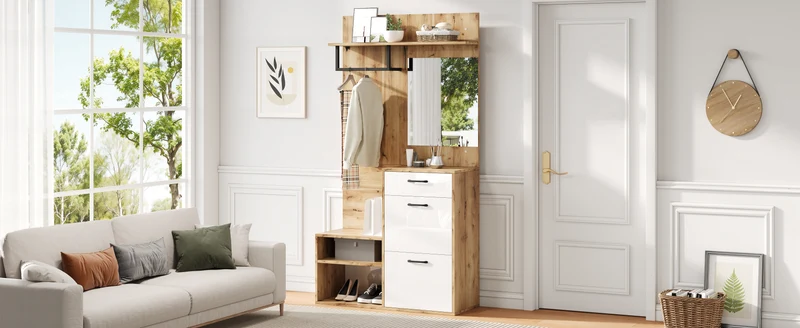 Vestiaire à l'entrée effet bois et blanc avec miroir, banc à chaussures 100x38,5x190cm AURORAESS