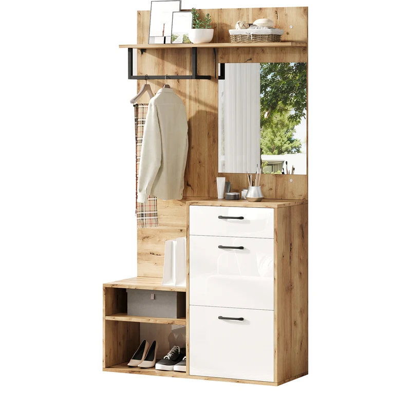 Vestiaire à l'entrée effet bois et blanc avec miroir, banc à chaussures 100x38,5x190cm AURORAESS