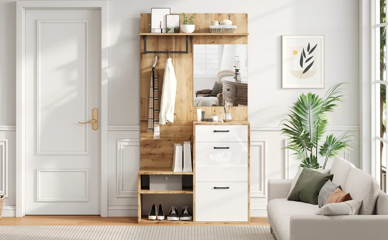 Vestiaire à l'entrée effet bois et blanc avec miroir, banc à chaussures 100x38,5x190cm AURORAESS