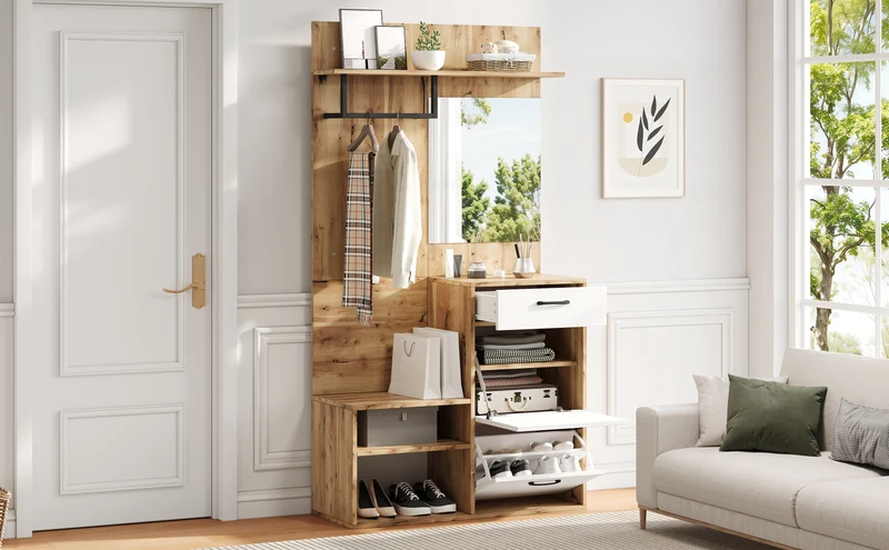 Vestiaire à l'entrée effet bois et blanc avec miroir, banc à chaussures 100x38,5x190cm AURORAESS