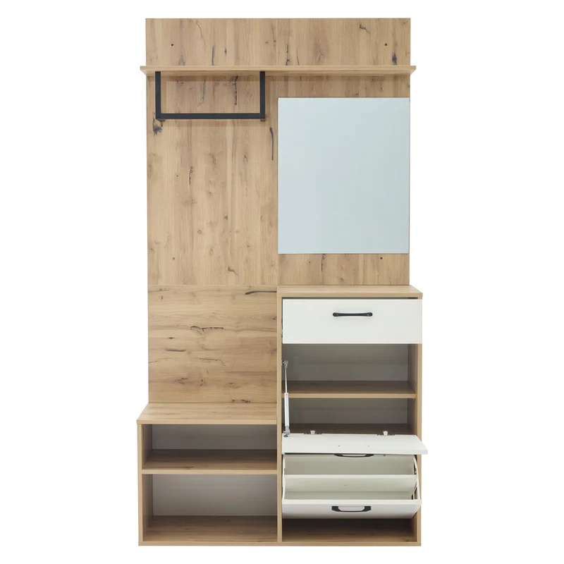 Vestiaire à l'entrée effet bois et blanc avec miroir, banc à chaussures 100x38,5x190cm AURORAESS