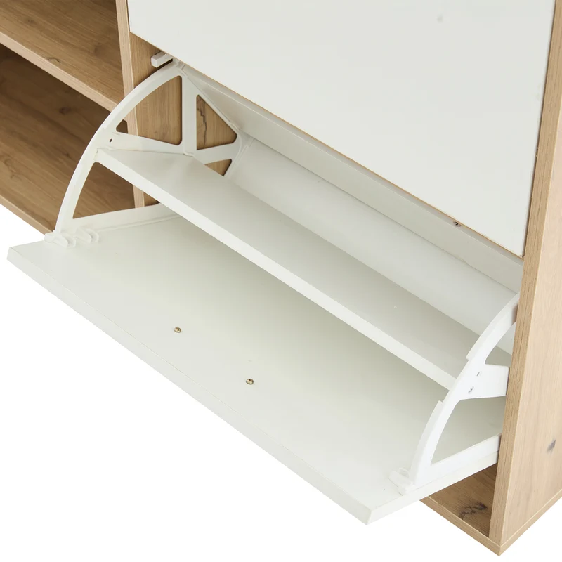 Vestiaire à l'entrée effet bois et blanc avec miroir, banc à chaussures 100x38,5x190cm AURORAESS
