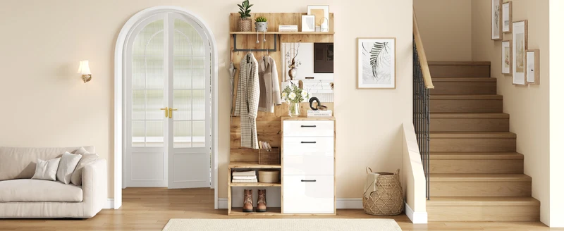 Vestiaire à l'entrée effet bois et blanc avec miroir, banc à chaussures 100x38,5x190cm AURORAESS