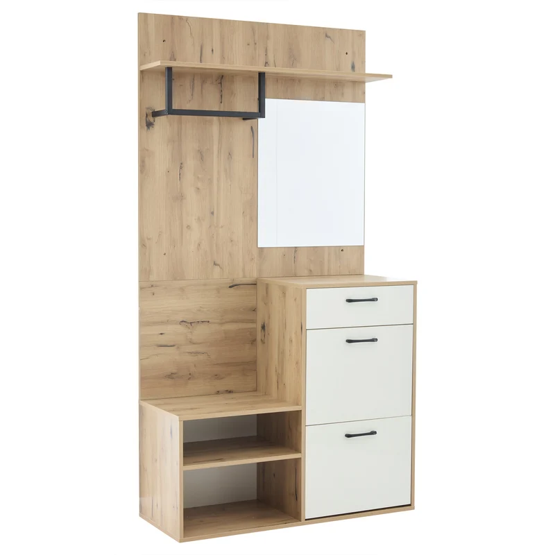 Vestiaire à l'entrée effet bois et blanc avec miroir, banc à chaussures 100x38,5x190cm AURORAESS