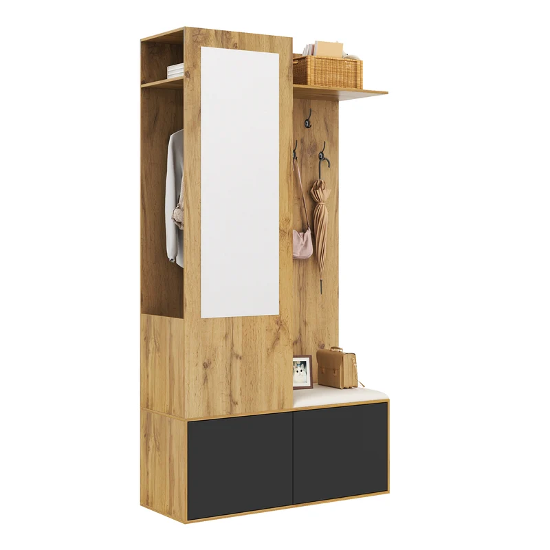 Vestiaire à l'entrée avec miroir, banc, porte-chaussures, 5 crochets 191x100x38cm ALIGNLX