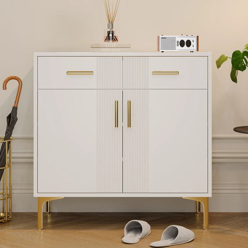 Buffet moderne blanc 2 portes et 2 tiroirs , poignées et pieds dorés 80x35x79,5cm VIVIDARA