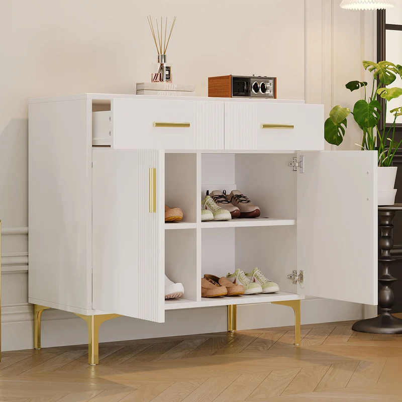 Buffet moderne blanc 2 portes et 2 tiroirs , poignées et pieds dorés 80x35x79,5cm VIVIDARA