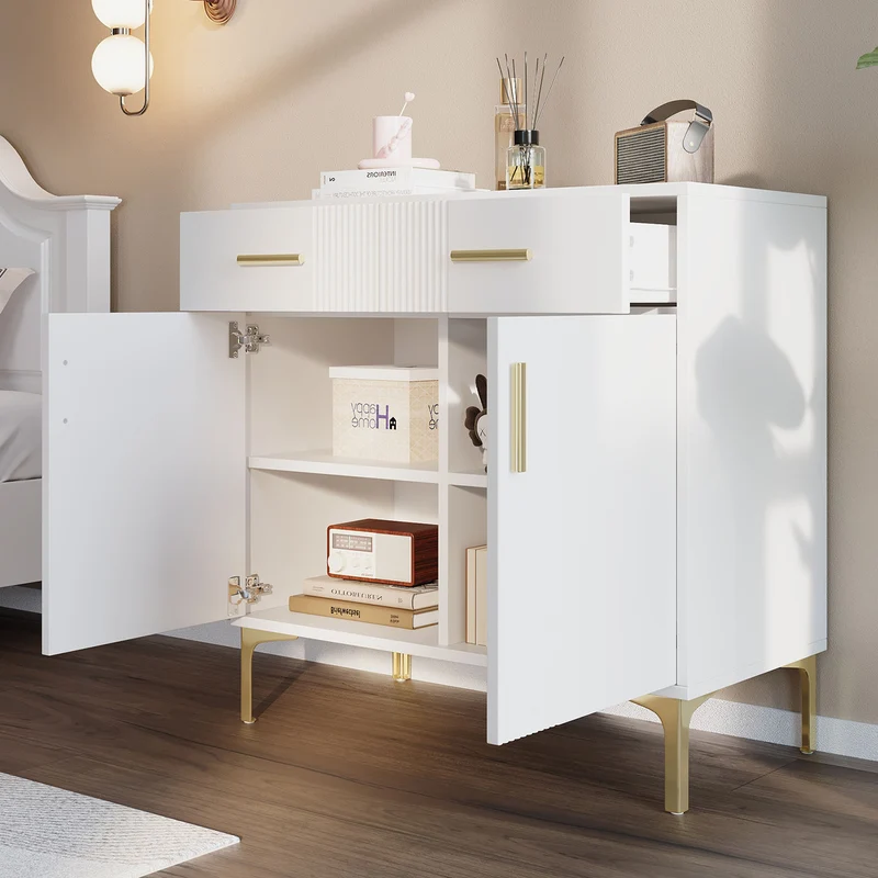 Buffet moderne blanc 2 portes et 2 tiroirs , poignées et pieds dorés 80x35x79,5cm VIVIDARA